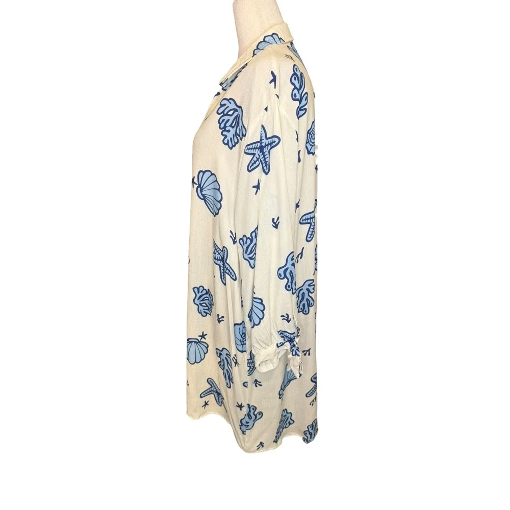 Cupshe Women Cream Blue Nautical Starfish‎ Shell Button Up Cover Up Dress Medium